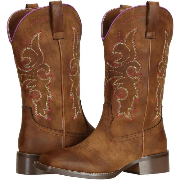 SheSole Western Boots Women Brown Faux Leather Square Toe Wide Mid Calf - Picture 7 of 7